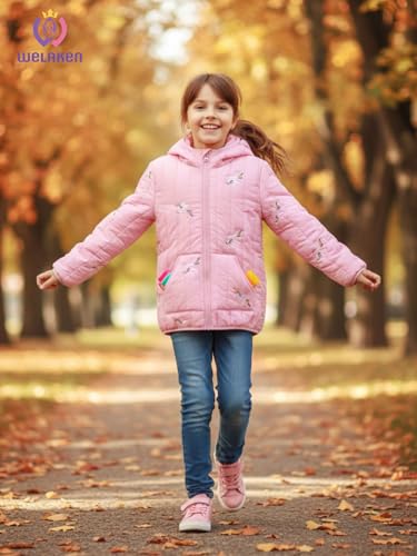 WELAKEN Lightweight Heart Quilted Cotton Puffer Jacket for Girls & Kids Zip Up Hooded Coat with Kangaroo Pocket4