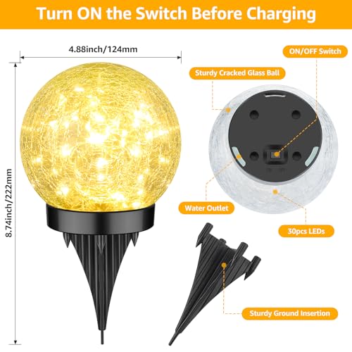 ASOMST 2-Pack Garden Solar Lights Outdoor, Cracked Glass Ball Light Waterproof, Decorative Solar Globe Lights Warm White for Yard Pathway Patio Lawn - Image 9
