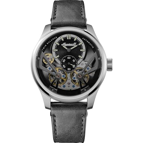 Ingersoll The Naismith Herrenuhr 46 mm Automatikuhr mit schwarzem Ziffernblatt und schwarzem Lederarmband I16101