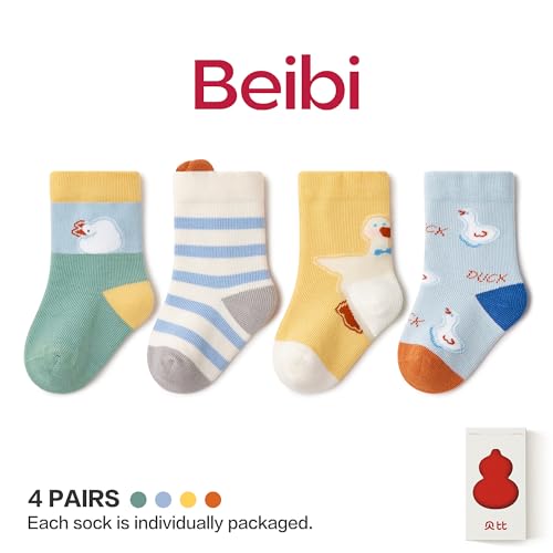 Beibi 4 PCS Newborn Baby Crew Socks, Preemie Toddler Essentials, Unisex Baby Cotton Socks Bundle for Babies Toddlers, Kids2