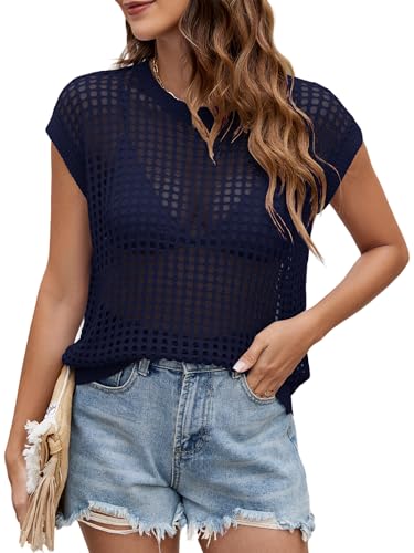 Image of Womens Summer Crochet Tops Hollow Out Cap Sleeve Cover Up Tank Top Pullover Sweater Vest Beach Vacation Clothes