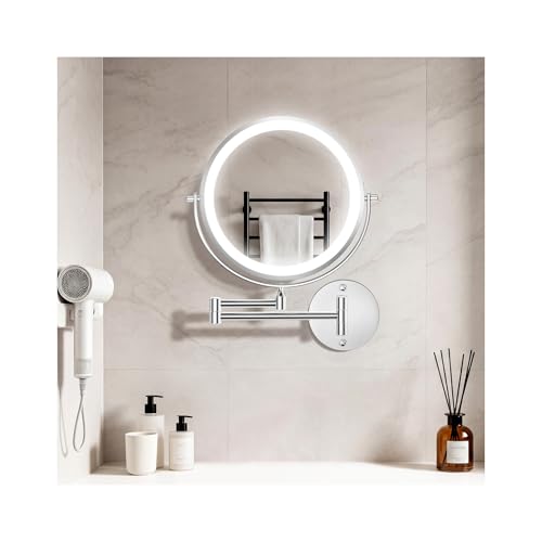 Auxmir 10 Wall Mounted Makeup Mirror 5000mAh USB Rechargeable 30X Magnifying Mirror with Tweezer Double-sided Shaving Mirrors with 3 Color Lights 360 Swivel Bathroom Mirrors with Extendable Arm