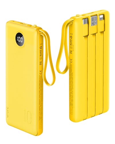 VRURC Batería externa con cables integrados, pantalla LED de 10000 mAh, powerbank USB C, batería de viaje delgada con 5 salidas y 2 entradas compatible con iPhone, Android, etc - Amarillo
