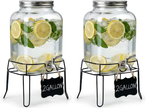 Image of 2 Gallon Glass Drink Dispenser,Beverage Dispenser with Stand,Lemonade Dispenser with 304 Stainless Steel Spigot Leakproof for Entertaining Guests, Picnic,Hosting Parties (Pack of 2)