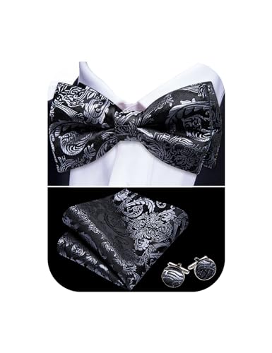 Image of Barry.Wang Paisley Striped Bow Tie for Men Silk Pre-Tied Bowtie Pocket Square Cufflinks Set Formal Wedding Party Prom
