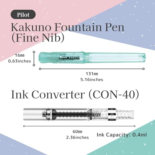 Image of Fountain Pen Set CON-40 Converter & Kakuno Fine Nib with Black Ink Cartridge & Sticky Notes - Refillable Ink System, For Beginners, Calligraphy (Green FKA-1SR-KBOG-F)