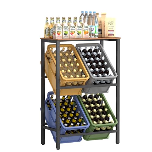 SONGMICS Getränkekistenregal, 2 Ebenen, für 4 Kisten, Aufbewahrungsregal, Jede Ebene bis 150 kg belastbar, Stahl, Getränkeregal, für Küche, Wohnzimmer, Garage, vintagebraun-tintenschwarz BSC373K01