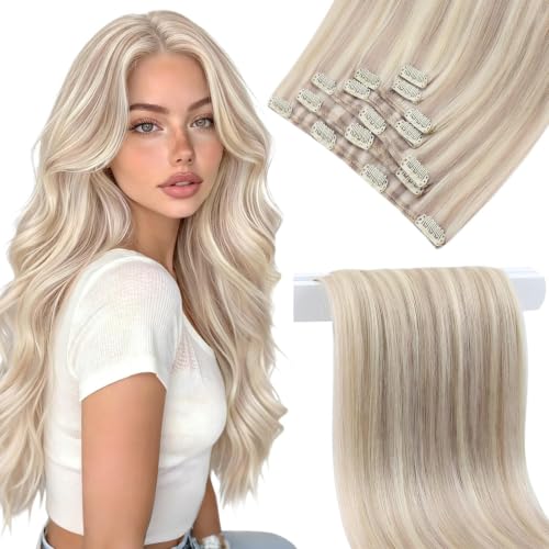 Image of Sunny Hair Clip in Hair Extensions Real Human Hair Highlights 18 Inch 135g | Hair Extensions Remy Clip in Blonde Highlights, Natural Thickness, Fuller Hair and More Body for Wedding, Silky Shines Soft