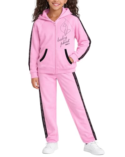 Baby Phat Girls Sweatsuit Set - 2 Piece Fleece Zip-Up Hoodie Sweatshirt & Girls Sweat Pants - Soft Girl Athletic Outfit, Size 7-8, Pink Cat/Pink
