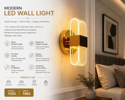 Image of Modern LED Wall Light for Home, Gold Finish Decorative Acrylic Wall Sconce, Curved Design, Pack of 1