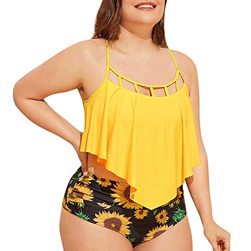 Women's Retro Flounce High Waisted Bikini Ruffle Halter Two Piece Swimsuit Tummy Control Bathing Suit Flounce Tank Tops Sunflower Padded Push Up Bottom Beach Swimwear Tankini Sets Yellow X-Large #TOP1