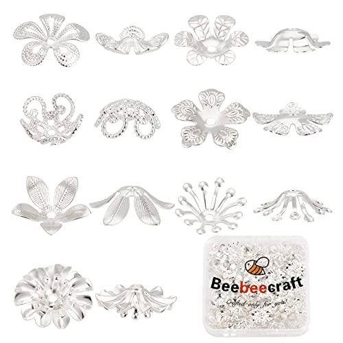 Beebeecraft 70Pcs/Box 7 Style Spacer Beads Caps 925 Sterling Silver Plated Hollow Flower Beads End Caps Loose Accessories for Bracelet Necklace DIY Jewellery Making Crafts Supplies
