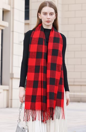 Wander Agio Women's Fashion Long Shawl Winter Warm Lattice Large Scarf Small Plaid Red Black - Thumbnail 3