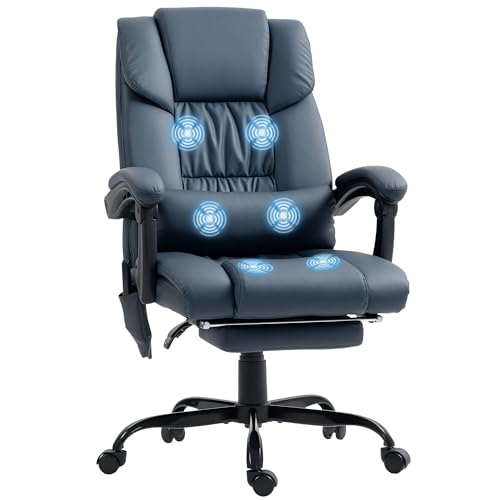 Vinsetto Fauteuil de Bureau massant avec Repose-Pieds, Chaise de Bureau, Chaise Ergonomique, Hauteur réglable, Dossier inclinable et télécommande Filaire, Tissu, Bleu
