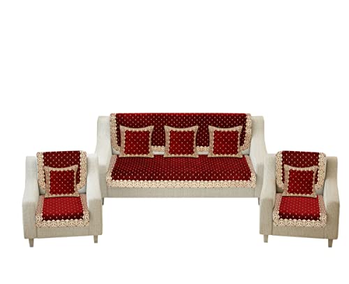 Image of Premium 5 Seater Printed Sofa Cover Set with Coushion Covers, 3,1,1 Seater 10 Pieces Sofa Back Slip Panels, Single Seater,Maroon (Pack of 11)