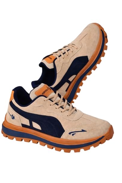 Men's Sneakers, Beige and Navy Blue, Lace-Up Running Shoes with Chunky Sole-image-44