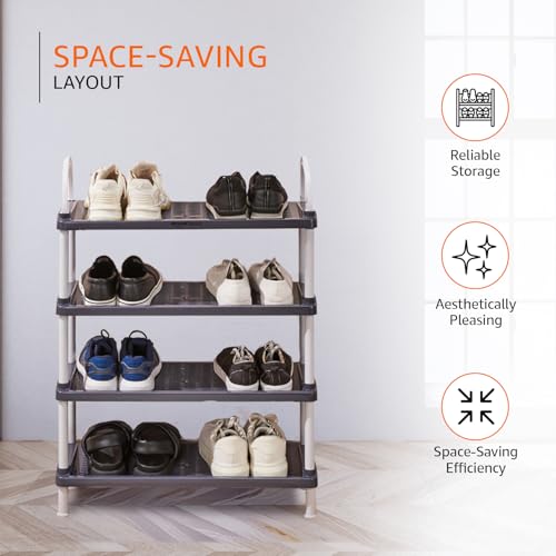 Image of Amazon Basics Multipurpose Plastic Shoe Rack | Durable, Space-Saving & Easy to Assemble | Portable Shoe Organizer | Grey (Large, 65.7 cm x 27.5 cm x 83 cm)