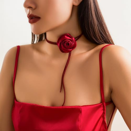 Red Camellia Flower Fabric Choker Necklace for Women Black Rose Floral Rope Statement Necklaces Trendy Costume Outfit Cloth Jewelry Petal Accessories4