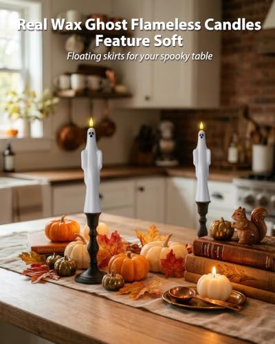 Image of Homemory 6 Pcs Real Wax Ghost Flameless Taper Candles, 3D Wick Flickering Led Candlesticks 9.6 Inch Battery Operated with Remote & Timer, Spooky Halloween Gothic Indoor Decor