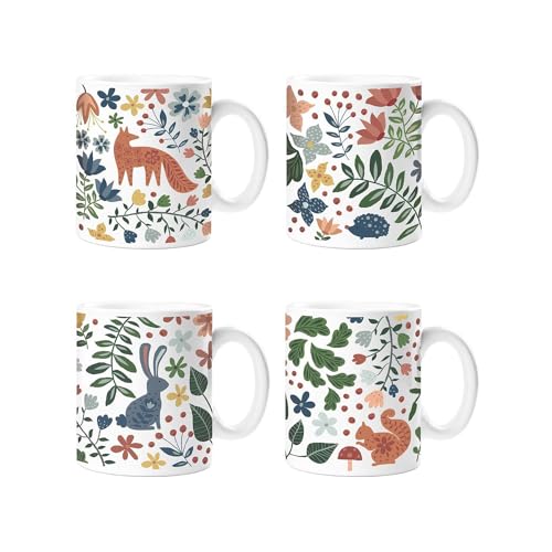 YöL Set Of 4 Woodland-Themed Mugs Forest Autumnal Fox Bunny Coffee Tea Cup Home Kitchen Dining Mug Set