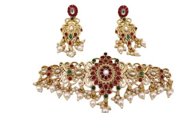 Gargantilla tradicional chapada en oro con pendientes de perlas y piedras de colores