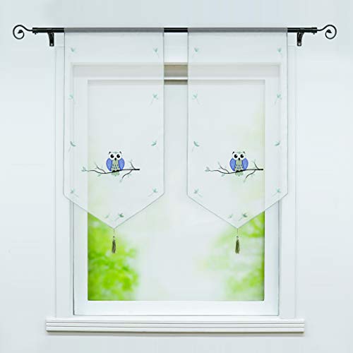Joyswahl EDA 1 Pièce Rideau Brise-Bise Transparent Vert LxH 40x90cm Broderie de Hibou Frange à Pompon Passe Tringle Décoration de Cuisine Chambre Salon Court Voilage