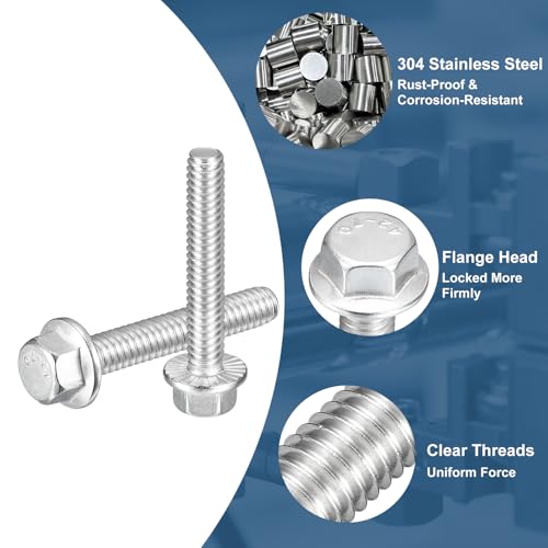 Image of uxcell 15Pcs 1 /4-20 x 1-3 /4 inch Flanged Hex Head Bolts, 304 Stainless Steel Flange Hexagon Screws, Flange Hex Drive Screws 5.8 Grade for Machinery Industry Home Appliances, Silver