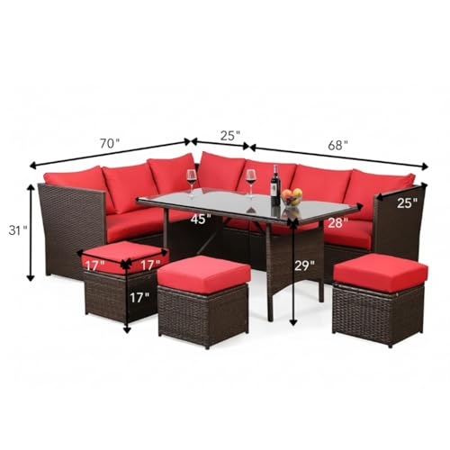 Image of DEVOKO 6 Pieces Patio Furniture, Outdoor Dinning Set HDPE Wicker Conversation Sofa Outside Couch with Table (Dark Brown and Red)