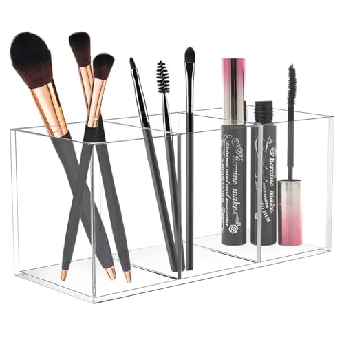 Casenly Pot à Crayon en Acrylique Transparent, 3 Compartiments Porte Stylo Bureau Transparent, Rangement Pinceaux Maquillage, Pot a Pinceau de Maquillage pour Papeterie Cosmétiques Pinceau