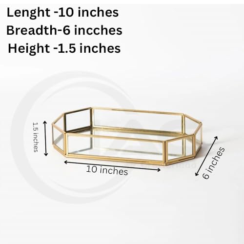 Image of Octagonal Glass Mirror Tray With Brass Rim, Makeup Tray For Decor Jewellery Organiser, Vanity Organiser For Accent Table (10x6x1.5 inches)