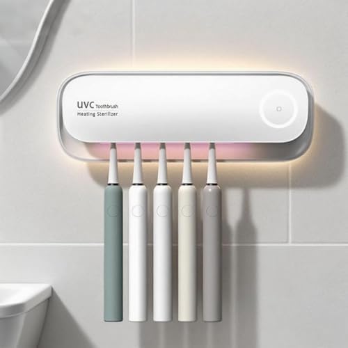 UV Toothbrush Holders Wall Mounted Toothbrush Sanitizer Cleaner 5 Slots with Heating and Fan Drying Smart Home Bathroom Accessories Cordless & No Drilling