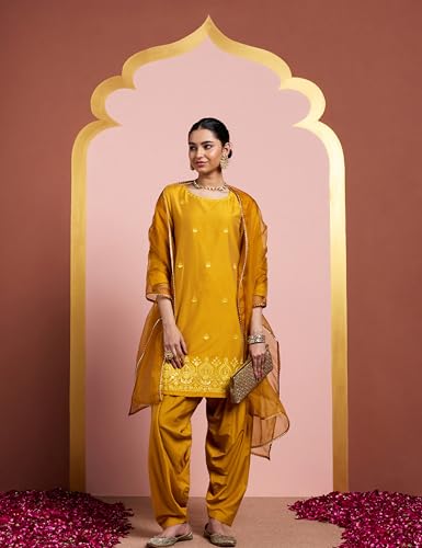 Image of Amazon Brand - Myx Women's Straight Embroidered Farsi Kurta Set with Organza Dupatta | Dhoti Pants (Available in Plus Sizes)