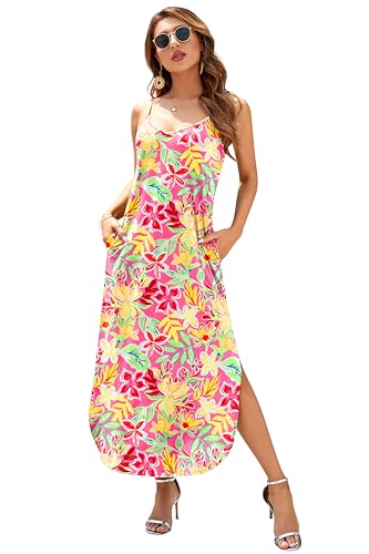 Image of HUSKARY Women's Summer Casual Sleeveless V Neck Strappy Split Loose Dress Beach Cover Up Long Cami Maxi Dresses with Pocket