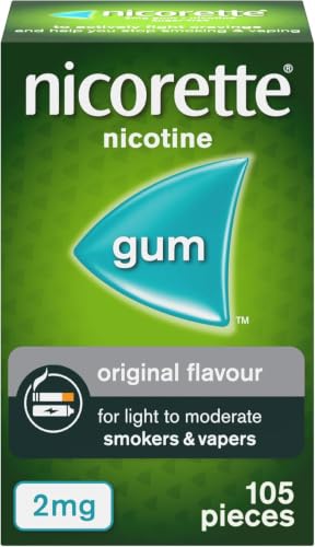 Nicorette 2mg Gum Original Flavour (105 Pieces), Discreet Stop Smoking and Stop Vaping Aid to Help you Quit For Good, Tackle Cravings and Withdrawal Symptoms, Nicotine Gum (Quit Smoking or Vaping)