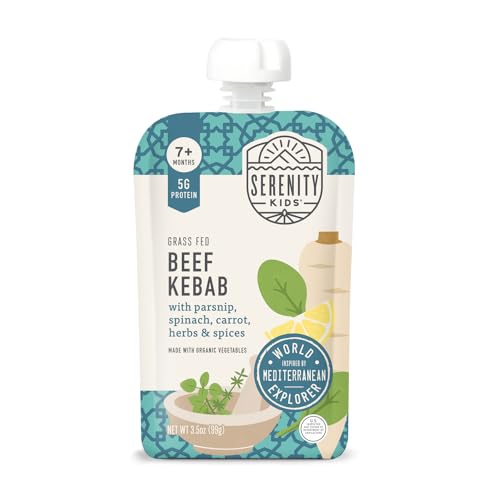 Serenity Kids 7+ Months World Explorers Baby Food Pouches Puree Made with Ethically Sourced Meat & Organic Veggies - 3.5 Ounce BPA-Free Pouch - Beef Kebab - 6 Count - Beef Baby Food Puree