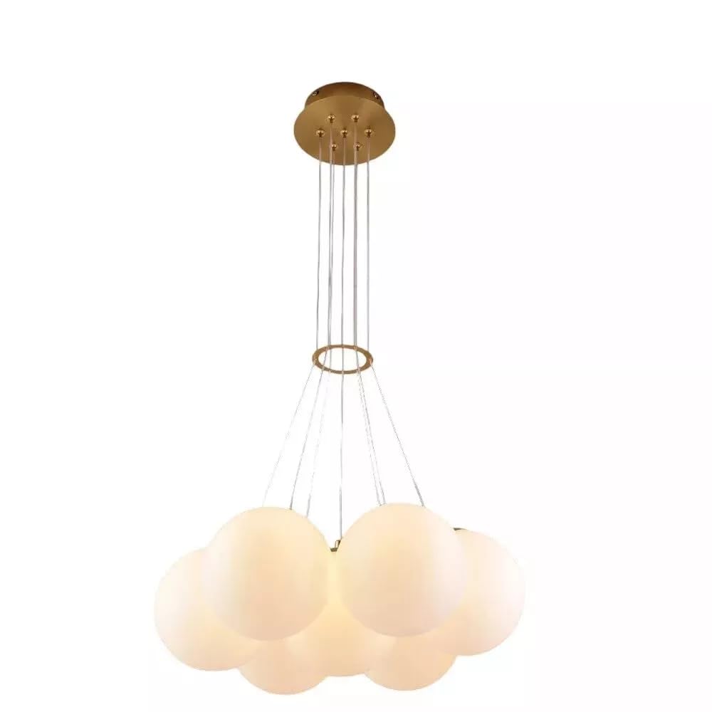 Lampadario a Sospensione Moderno con Sfere Opache – Struttura Dorata, Attacco G9, Facile Installazione per Soggiorno, Sala da Pranzo o Ufficio (7 Sfere)