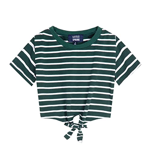 LittleSpring Girls Short Sleeve Striped Crop Tops with Tie Front Knot