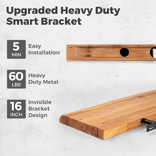 Image of RICHFOCUS Live Edge Elm Floating Shelves - 48 inch W x 9.3 inch D Rustic Solid Wood Wall Shelves with Invisible Bracket, Wall-Mounted for Living Room, Bedroom, Kitchen Storage & Display, Set of 1, Natural