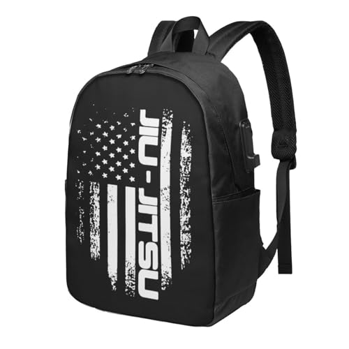 Jiu Jitsu USA Flag Travel Laptop Backpack Bag with USB Charging Port 17 Inch Computer Business Backpacks for Women Men Work College Gift,Casual Daypack,Black