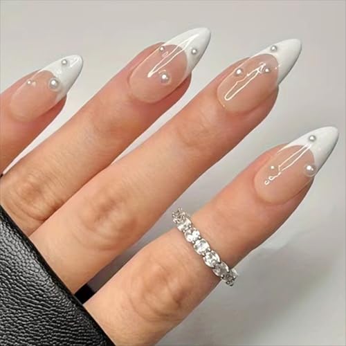 Nude French Pearls Acrylic Press on Nails Almond Medium Fake Nail...
