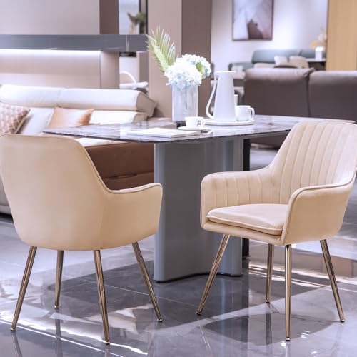 Image of Velvet Dining Chair Set of 2 - Modern Mid-Back Accent Chair with Gold Plating Legs - Upholstered Living Room Chair (Velvet Beige, Set of 2)