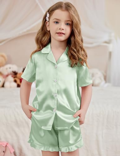 Image of Arshiner Girls Pajamas Silk Satin Pajama Set Button Pjs Ruffle Sleepwear