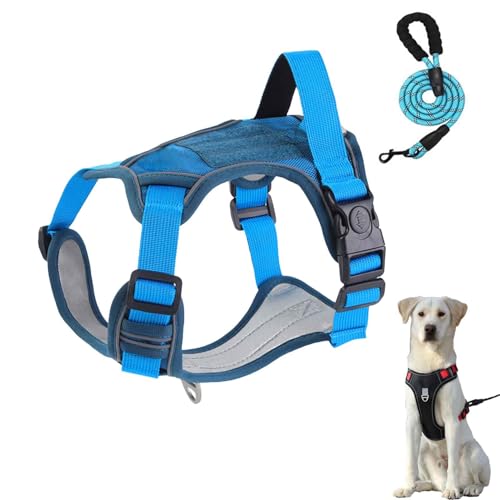 犬ハーネス, 犬用 首輪 胴輪 中型犬/大型犬ハーネス 工字型胸ハーネス 防爆冲牽引紐 調節可能 首への負担軽減 犬用散歩リード 夜間反射材 抜けない 通気性 簡単着脱 おしゃれ, しつけ用 訓練 歩行補助 ペット用品 (青,XL)