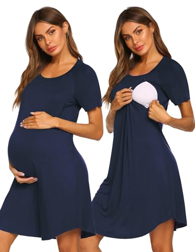 Image of Ekouaer Nursing Nightgown Short Sleeve Nursing Gown 3 In 1 Maternity Nightgown Breasfeeding Sleepwear Delivery Dress