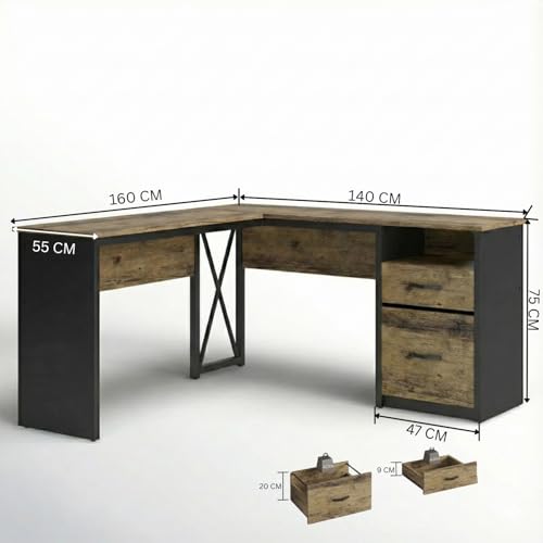 Image of TEKAVO Rikin L Shape Executive Desk | Director Table for Office | Manager Desk with Drawer Storage | L Shaped Office Table | Brown & Black Wood | Metal (160Cm x 55Cm x 75Cm) | DIY