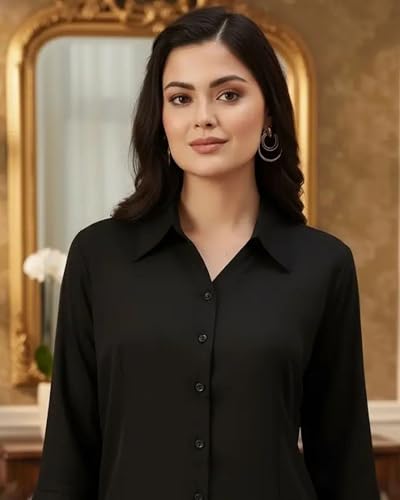 Image of Women's Viscose Rayon Button Down 3 /4 Sleeves Collar Neck Plain Formal Shirt Pack of 1