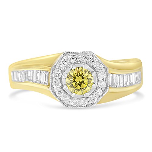 14K Yellow Gold 1-1/5 Cttw Yellow & White Diamond Octagon-Halo Channel-Set Band Cathedral Style Engagement or Fashion Ring (Enhanced Yellow & H-I Color, I1-I2 Clarity)