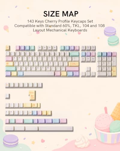 Image of Cute Ice Cream PBT Keycap Set, Cherry Profile, Dye-Sub, 143 Keys, Macaron Pastel Keycap for MX Switches Mechanical Keyboard, Compatible with 60%, 65%, 75%, 96%, Full-Sized Layout