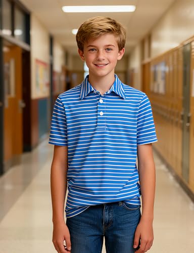 Cuddomper Boy Polo Stripe Shirt Size 11-12 Blue White Short Sleeve Golf Top - image 2