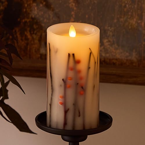 Image of Luminara - Flameless Flickering Moving Flame Battery Operated Unscented Candle LED Decor & Gift- Embedded Pillar Collection (Orange Berries & Twigs, 3.2 inch x 6.5 inch)